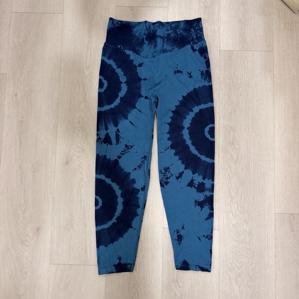 PINK Active Leggings Large Blue Tie Dye Ribbed Seamless High Waist Workout